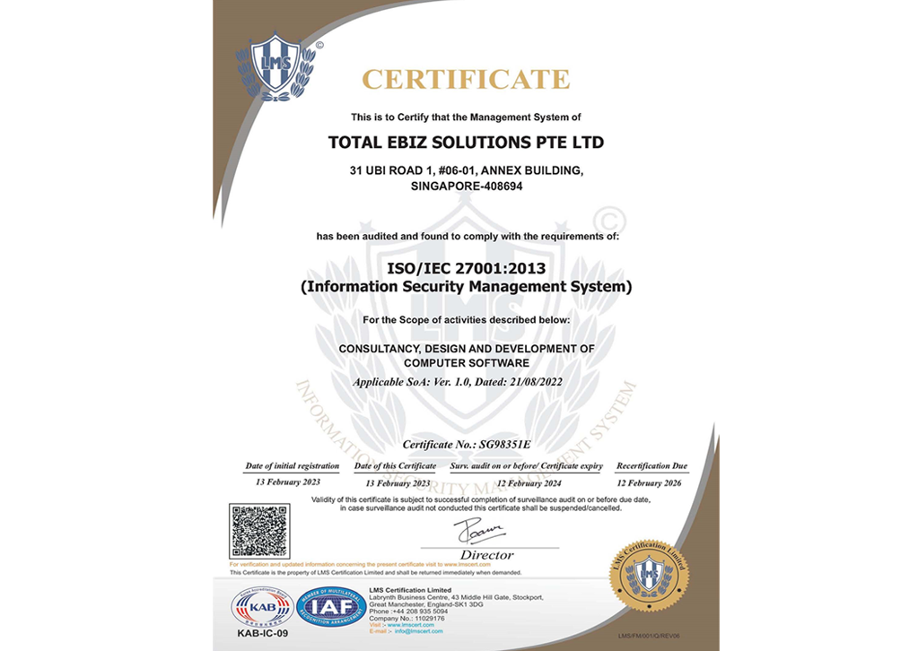 Total eBiz solutions Achieves ISO/IEC 27001:2013 Certifications for (ISMS)Information Security Management System